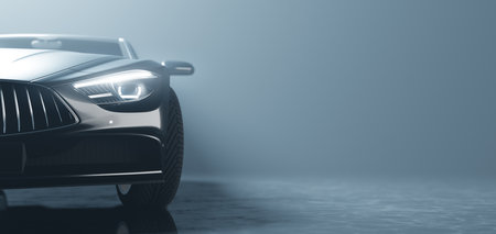 New luxury car with lights on. Brandless modern style. 3D illustrationの写真素材