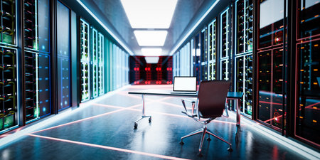 Admin computer in network server room or data center. 3D illustration