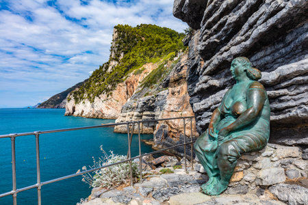Mater Naturae statue in Porto Venere and Byron's Grotto, in Italy. Liguria coast
