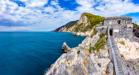 Porto Venere coast with Byron's Grotto and Doria castle in Italy. View from the seaの写真素材