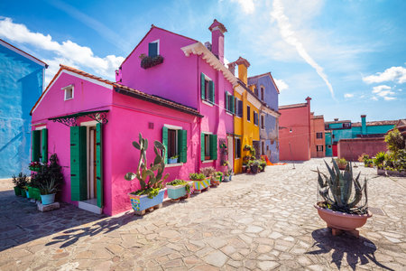 Colorful painted houses on Burano island near Venice, Italy. Scenic Italian townの写真素材