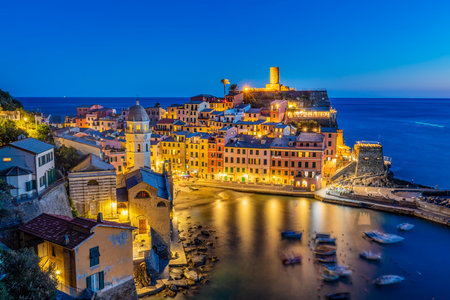 Vernazza in Cinque Terre, Italy at night. Popular tourist destination in Liguria coast.の写真素材