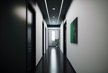 Modern hallway corridor interior, minimalist and clean. Generative AI.の素材