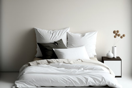 Bedroom minimalist apartment interior with unmade bed. Generative AI.の素材