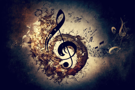 Music notes and treble clef musical art background. Generative AI.の素材