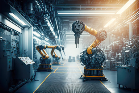 Robotic arms working in modern technology factory. Automation in heavy industry. Generative AI.の素材