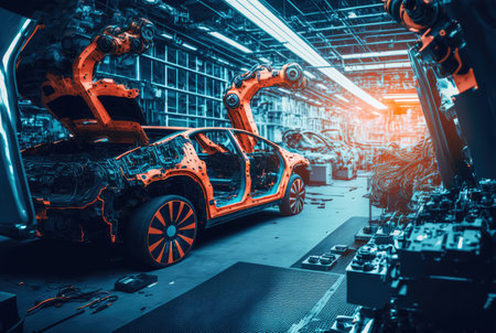 Car factory assembly line with automatic robotic arms working. Generative AI.の素材