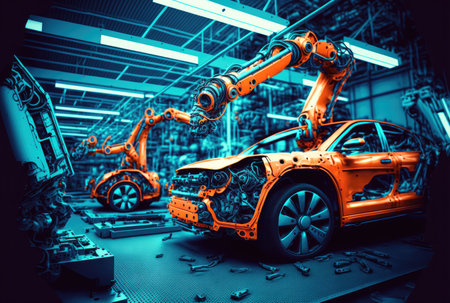 Car factory assembly line with automatic robotic arms working. Generative AI.の素材
