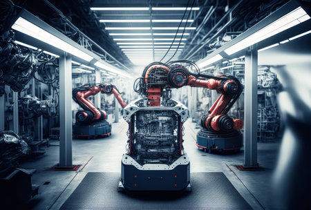 Robotic arms working in modern technology factory. Automation in heavy industry. Generative AI.の素材
