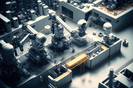 Robotic arms working in modern technology factory. Automation in heavy industry. Generative AI.の素材