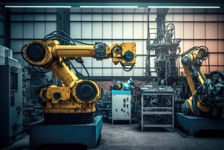 Robotic arms working in modern technology factory. Automation in heavy industry. Generative AI.の素材