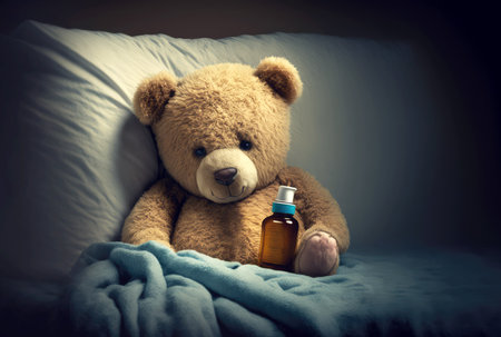 Ill Teddy bear lying sick in bed. Cold and flu. Generative AI.の素材