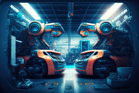 Car factory assembly line with automatic robotic arms working. Generative AI.の素材