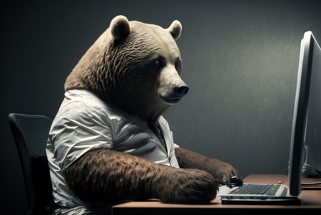 Bear conducts business on trading market with computer. Generative AI.の素材