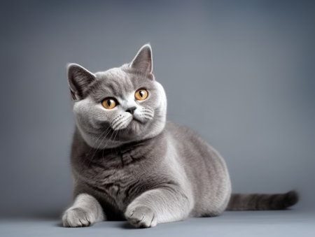 Cute British Shorthair cat kitten portrait on gray background in studio. Generative AI.の素材