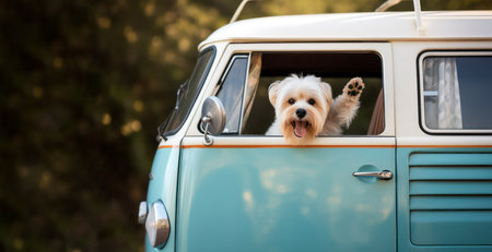 Happy dog with head out of the window in vintage camper car driving on scenic summer landscape. Generative AI.の素材
