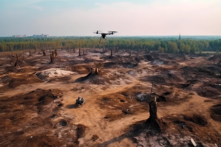 Drone UAV flying above bombarded battlefield, Ukraine Russia war, Generative AI.の素材