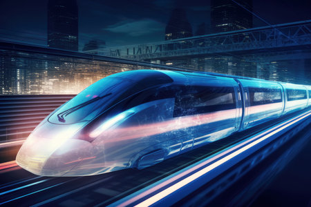 Fast modern train moving through the city the night. Generative AI.の素材