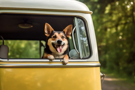 Happy dog with head out of the window in vintage camper car driving on scenic summer landscape. Generative AI.の素材