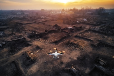 Drone UAV flying above bombarded ruins at night, Ukraine Russia war, Generative AI.の素材