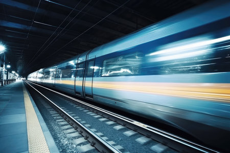 High-speed autonomous self-driving train moving through the night. Generative AI.の素材