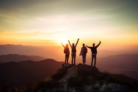 Successful people celebrate at mountain peak during sunset, Generative AI.の素材