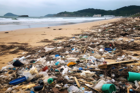 Beach polluted with garbage, litter and plastic waste, Generative AI.の素材