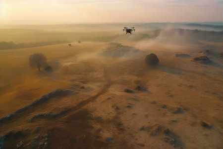 Drone UAV flying above bombarded battlefield, Ukraine Russia war, Generative AI.の素材