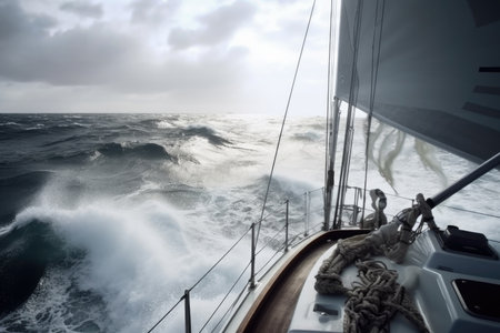 Sailing a sailboat or yacht on the ocean during extreme storm with big waves, POV. Generative AI.の素材