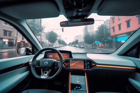 A self-driving car navigates the city with a view from inside. Generative AI.の素材