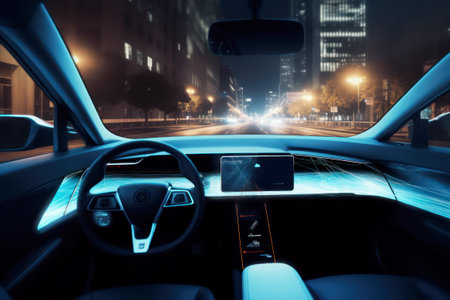 Inside the autonomous car driving through the city. Futuristic technology. Generative AI.の素材