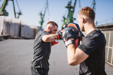 Two men do boxing training on the roof of the building in industrial area of the city, sparring and fightingの写真素材