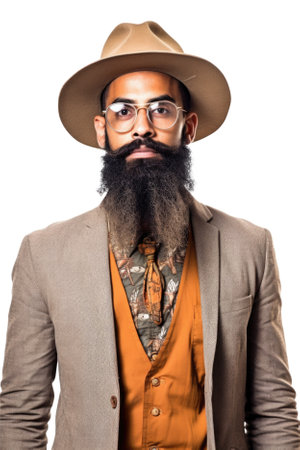 Young Afro-American hipster with long beard and hat. Isolated on transparent white background. Generative AI.の素材