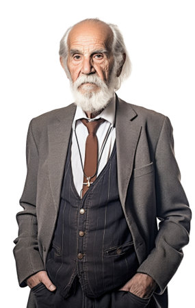 Old senior man with long beard in suit. Isolated on transparent white background. Generative AI.の素材