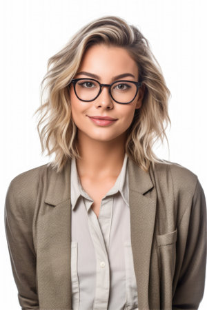 Young confident businesswoman in glasses, manager portrait on white background.の素材