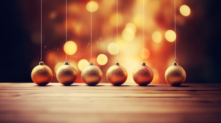 Christmas baubles, ornaments balls on glitter bokeh lights with copyspace.の素材