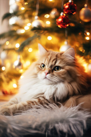 Cute cat on Christmas glittering lights background.の素材