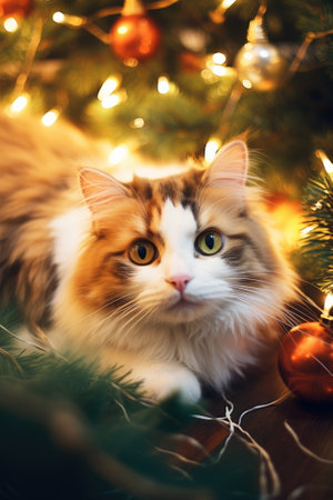 Cute cat playing under Christmas tree with glitter lights.の素材