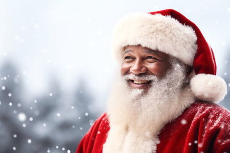 Smiling Afro American Santa Claus in winter Christmas scenery with snow falling.の素材