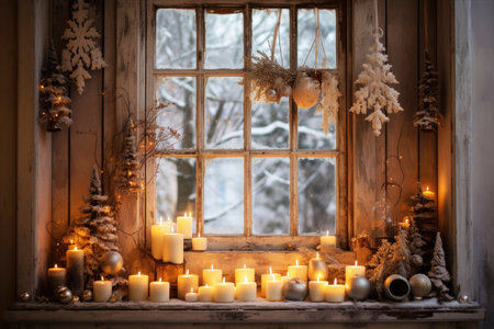 Rustic window decorated with Christmas ornaments and candles and cold winter scene outside.の素材