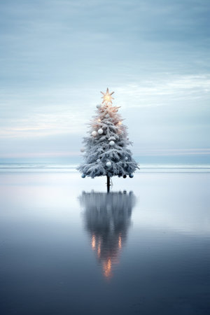 Frosted Christmas tree on plain cold winter landscape with ice and snowの素材