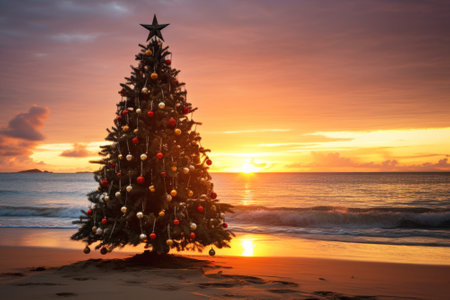 Christmas tree on tropical beach with ocean view at sunset.の素材