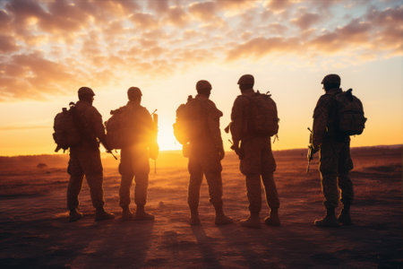Special forces soldiers team on battle field at sunset.の素材