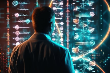 Doctor analyzing virtual medical display in lab, future of health care.の素材