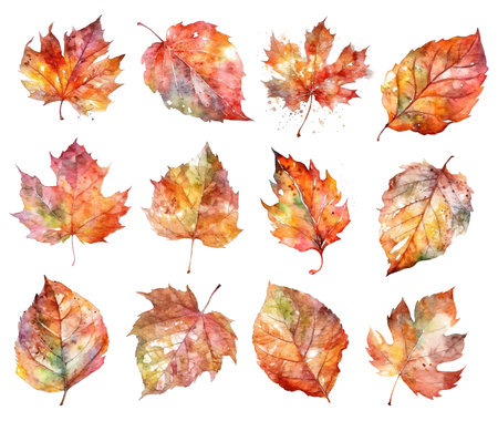 Autumn leaves collection painted with watercolor, set isolated on white transparent background.の写真素材