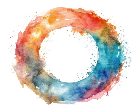 Circle frame painted with watercolors with empty copy-space inside, isolated on white background.の写真素材