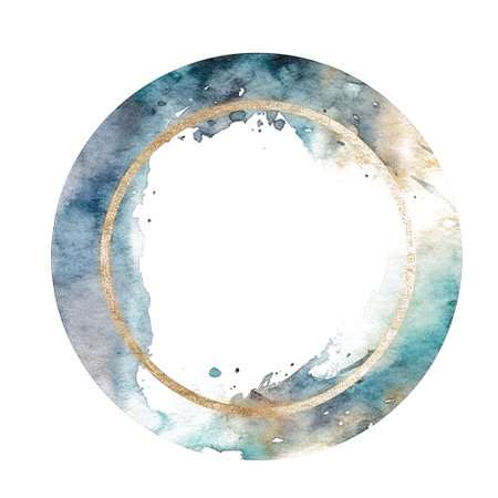 Round frame painted with watercolors with empty copy-space inside, isolated on white background.の写真素材