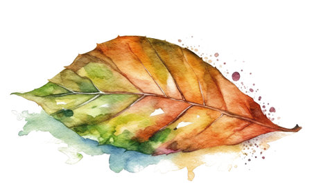 Autumn leaf painted with watercolor isolated on white background.の写真素材