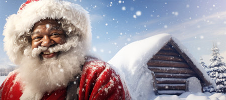 Smiling Afro American Santa Claus in winter Christmas scenery with snow falling.の素材