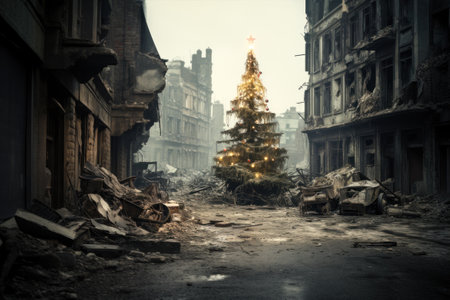 Christmas tree in ruined post war city. Concept of hope.の素材